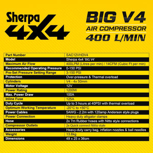 Sherpa 4x4 'BIG V4' Air Compressor (400 L/min) & Digital Tyre Deflator Bundle